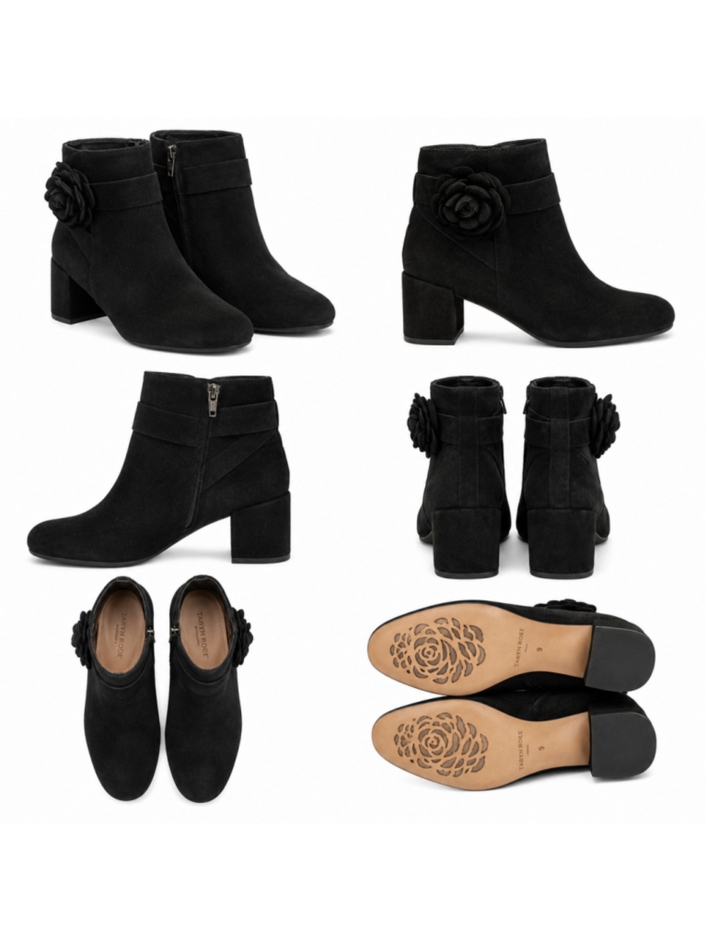 Taryn Rose Heather Black Suede Leather Ankle Boots Floral Block Heel Size 9